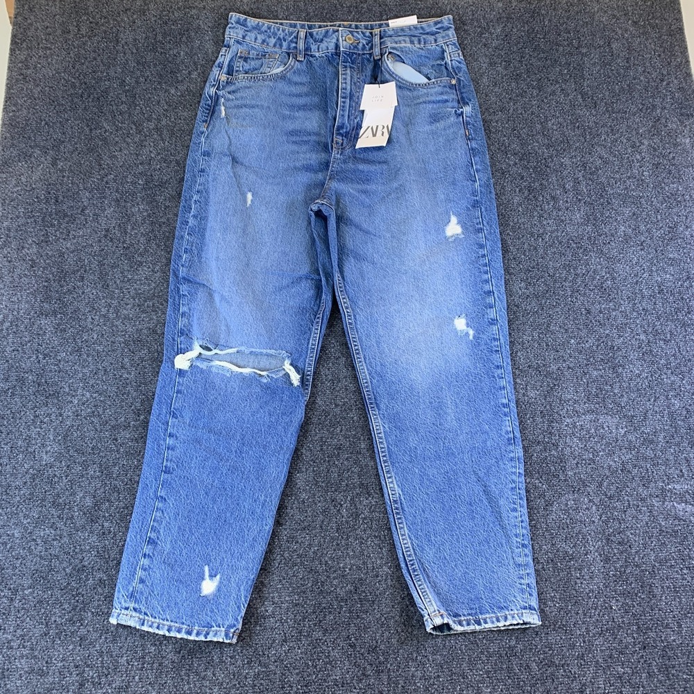 Zara Mom Jeans Womens 10 Blue NWT Distressed High Rise Ripped Tapered Leg